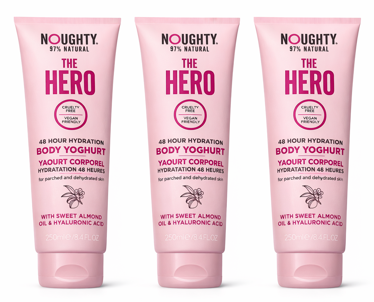 3 x NOUGHTY THE HERO 48hr HYDRATION BODY YOGURT MOISTURISER VEGAN NATURAL 250ml