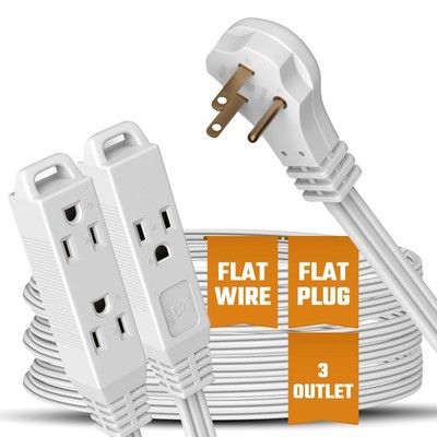 White Extension Cord 10+ Ft 3-Prong 3-Outlet Extension Wire- Space-Saving Flat A