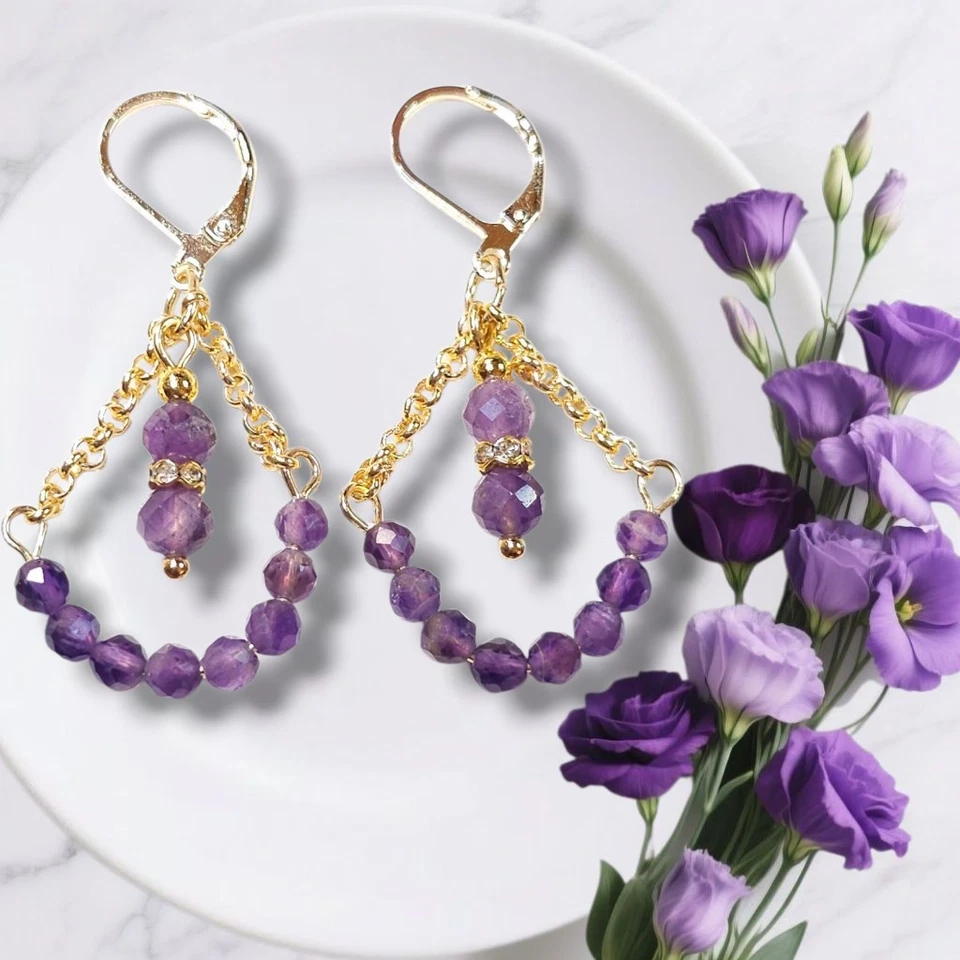 Pendientes de piedras preciosas de amatista cadena de oro colgante con palanca hechos a mano  Foto 2 de 3