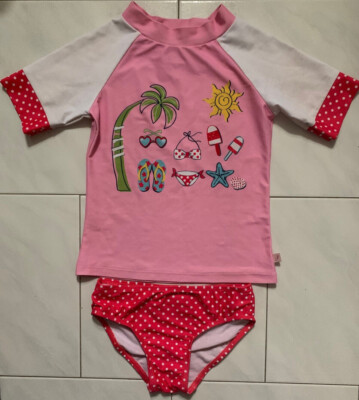 Girls Size 5 Rash Guard Swimsuit 2Pc Pink Polka Dot Bikini UPF 50 ...