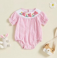 NEW Easter Bunny Rabbit Baby Girls Pink Smocked Seersucker Romper Jumpsuit