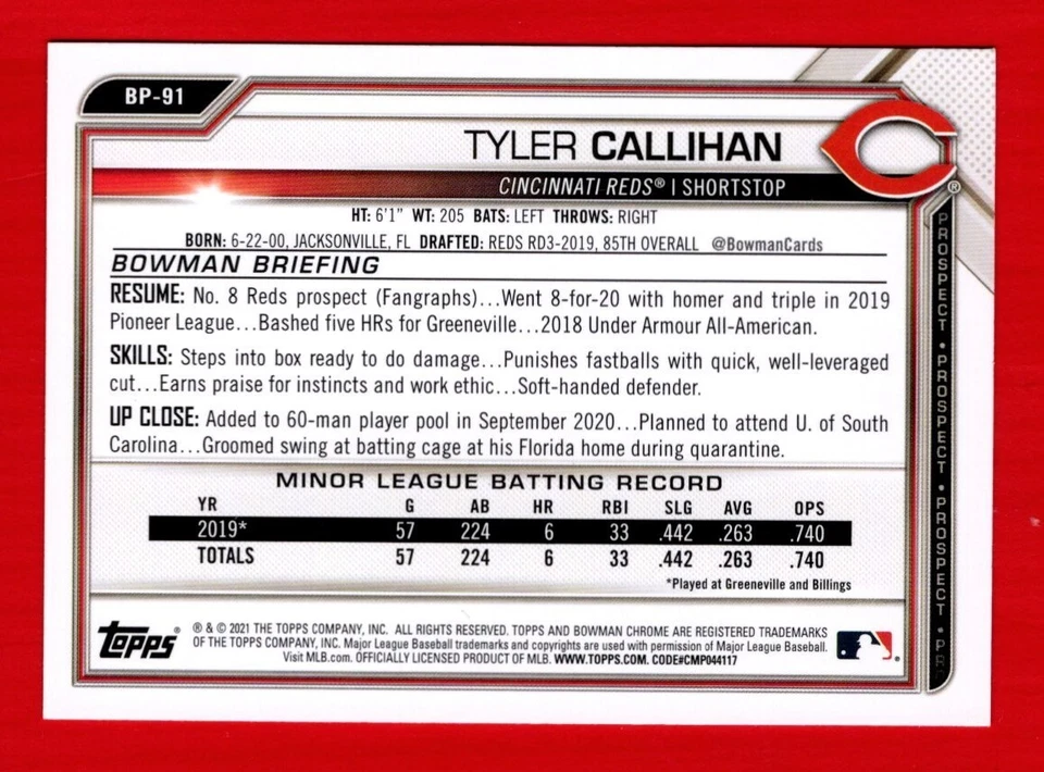 2021 Bowman Prospects Baseball Tyler Callihan Reds UNLIMITED SHIPPING FOR $4.00 - Image 2 of 2