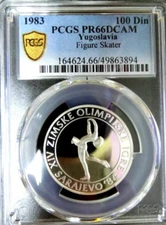 Yugoslavia 1983 Figure Skater Silver 100 Dinara  PCGS PR66 proof olympics