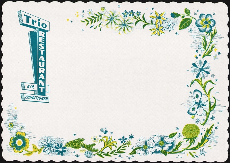 Vintage placemat TRIO RESTAURANT flowers and a butterfly border with their sign