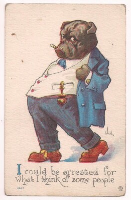 WACO TX/TEXAS Artist Signed ''WALL'' Postcard FANTASY BULLDOG Smoking Banker-Dog