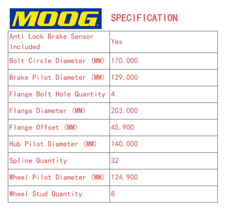 Cojinete de cubo de rueda delantera MOOG AWD para Ford F-350 F-250 Super Duty 2011-2016 8 tacos Foto 4 de 4