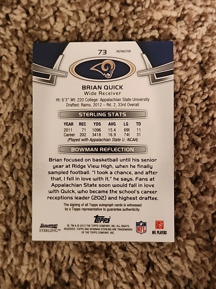  Brian Quick 2012 Bowman Sterling Black Refractor Auto Rookie 01/50 - Image 2 of 2