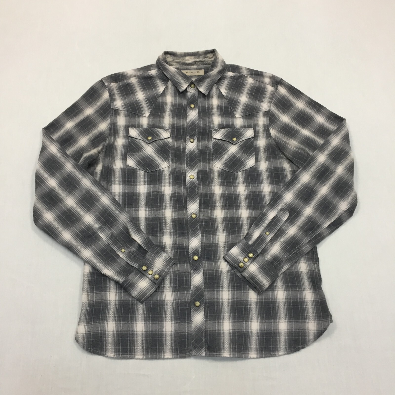 All Saint Shirt Mens Large Button Up Pearl Snap Long Sleeve Check Grey (L)