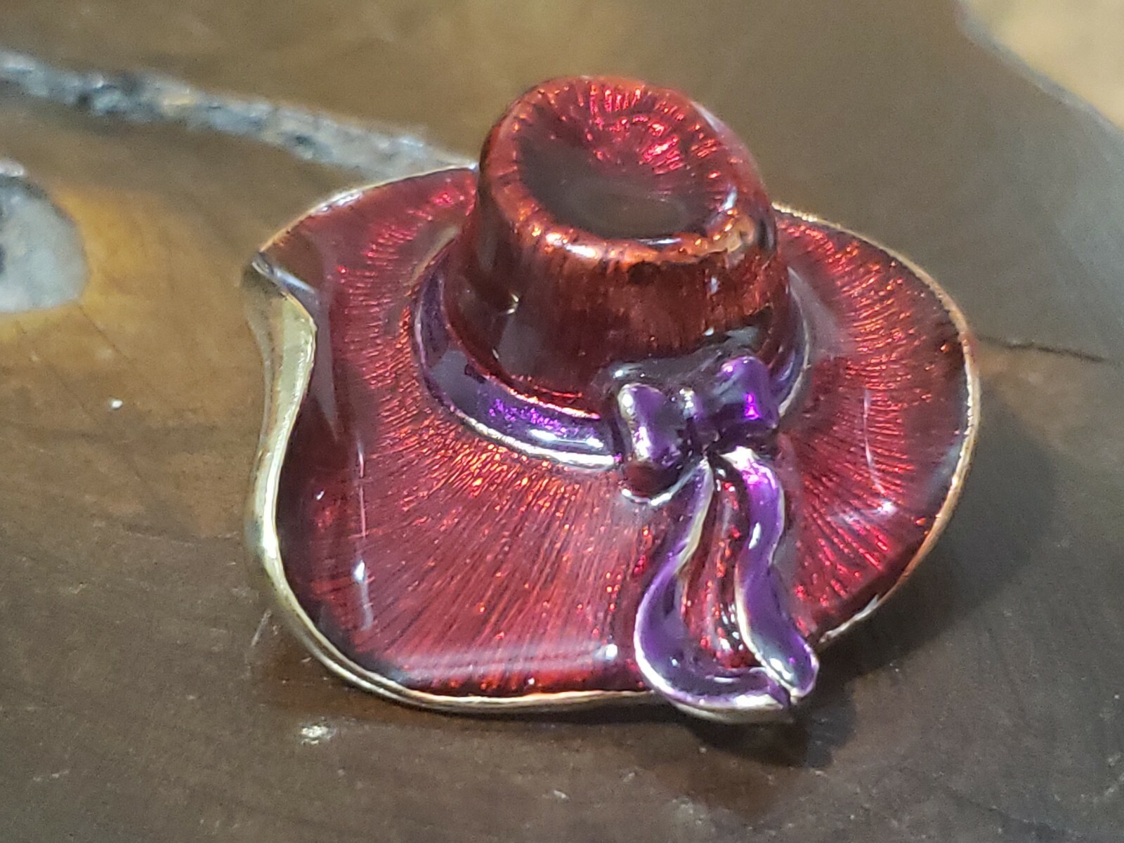 Vintage Ladies Red Hat With Purple Ribbons Enamel Pin Brooch