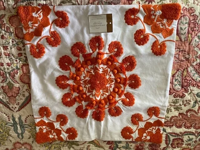 Pottery Barn 20 Square Pom Pom Medallion Embroidered Pillow Cover Orange