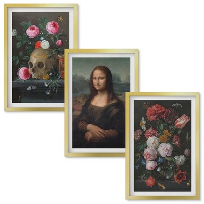 Kinderzimmerbilder Goldrahmen Blumenschädel Porträt Mona Lisa 3x 40x60 cm