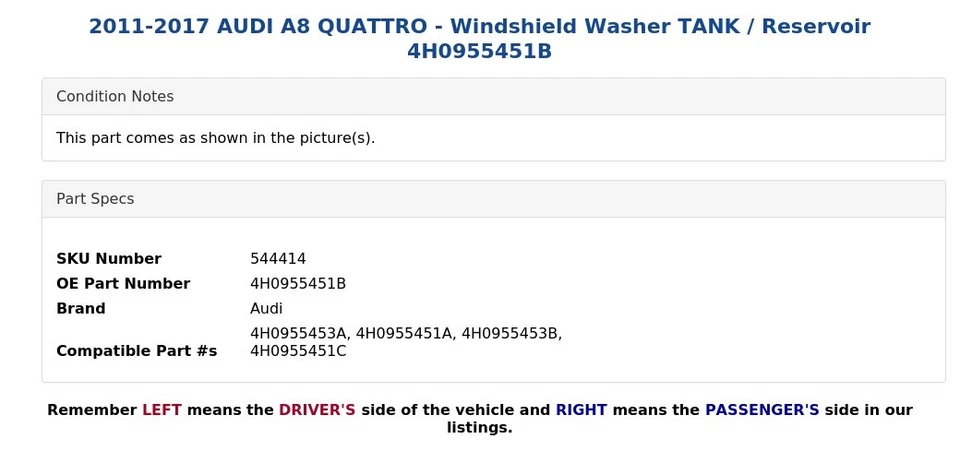 2011-2017 AUDI A8 QUATTRO - Lavadora de para-brisa TANQUE / Reservatório 4H0955451B - Imagem 4 de 4