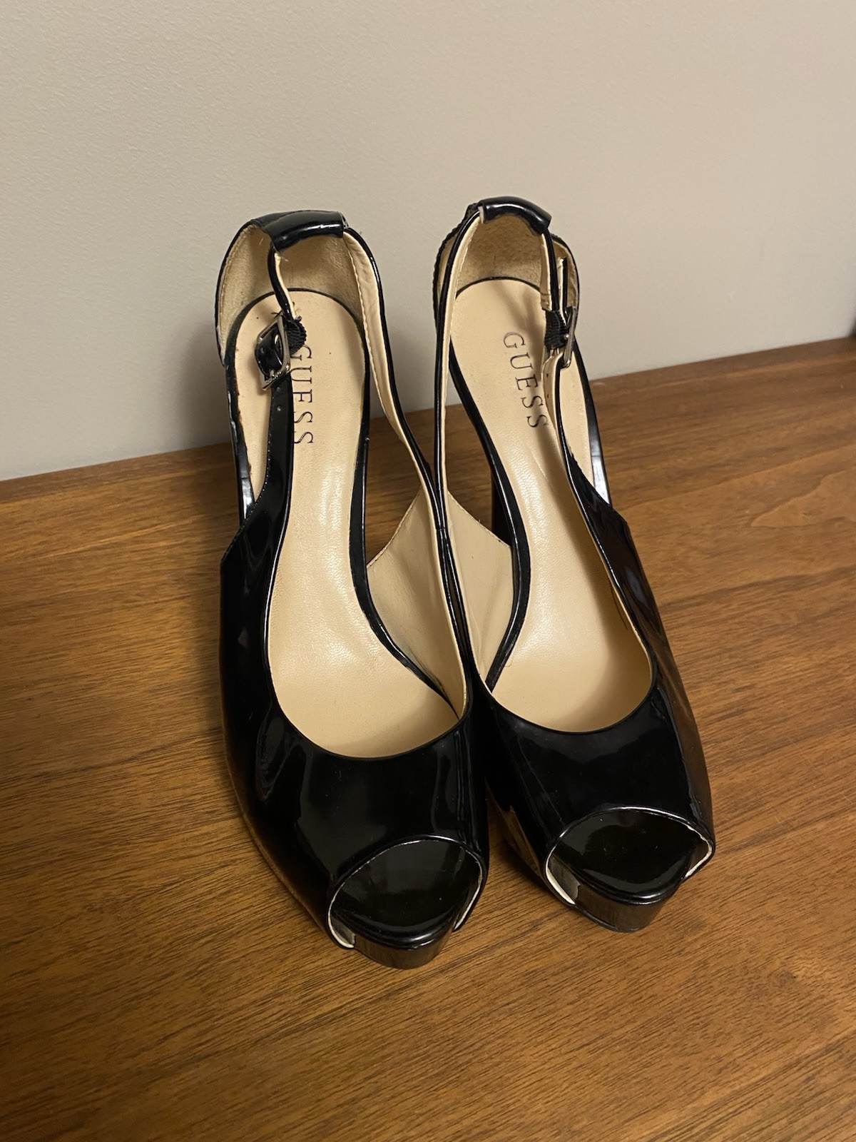 GUESS Black Patent Leather Platform Peep Toe Heels Buckle Ankle Strap Women’s 8M