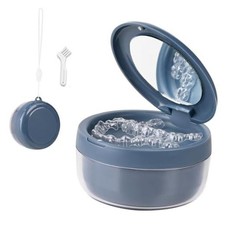 Denture Case, 2-in-1 Retainer Cleaner Case with Mirror & Strainer, Blue