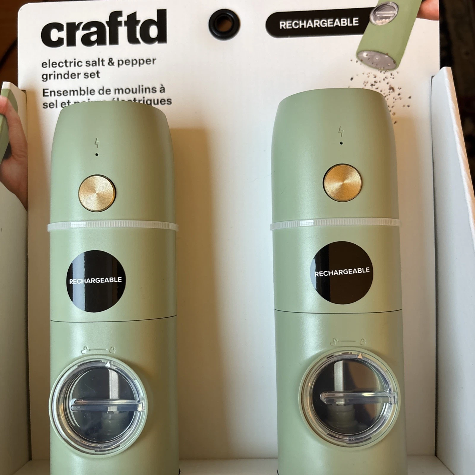 craftd Rechargeable Electric Salt/Pepper Set Color Green NWT