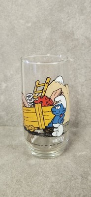 The Smurfs Hefty Smurf Vintage 1980s Clear Decorated Painted Glass Tumbler