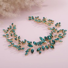 Crystal Wedding Headband Bridal Headpiece Hair Vine Green Gold for Prom Women