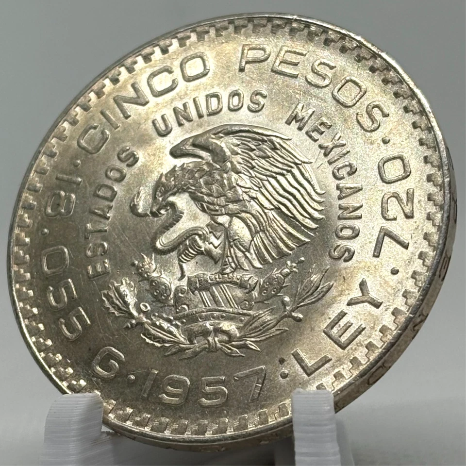 1957 Mexico 5 Pesos 72% Silver Coin Constitution – Low Mintage 200K - Image 3 of 4