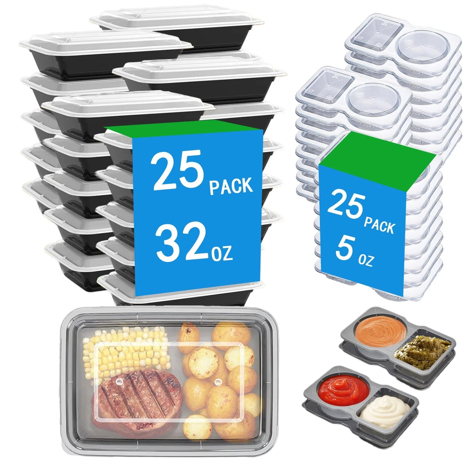 50 Pack 32oz leakproof Meal Prep Containers & Compartment Condiment Container...