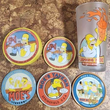 Simpsons 2002 Flaming Moe Glass Frosted Pint / Hi Ball & 4 MOES TAVERN coasters