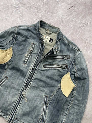 $599 Designer ENERGIE Men's Rare Blue Diesel Leather Trim Denim Jeans Jacket M - Picture 5 of 13