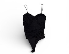 Ruched Bodysuit Strap Accent Solid Pattern Opaque Black Women's Regular Size