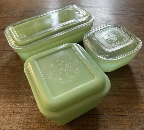 Vintage Jadeite Fire Ling Refrigerator Container Dishes Set w Lids