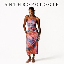Anthropologie Strapless Floral Mesh Midi Dress Bodycon Pink Blue Print Medium