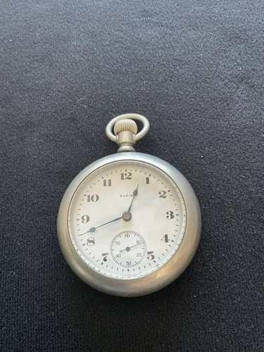 Antique Elgin Pocket Watch With White Dial And Subdial. Locomotive On Back