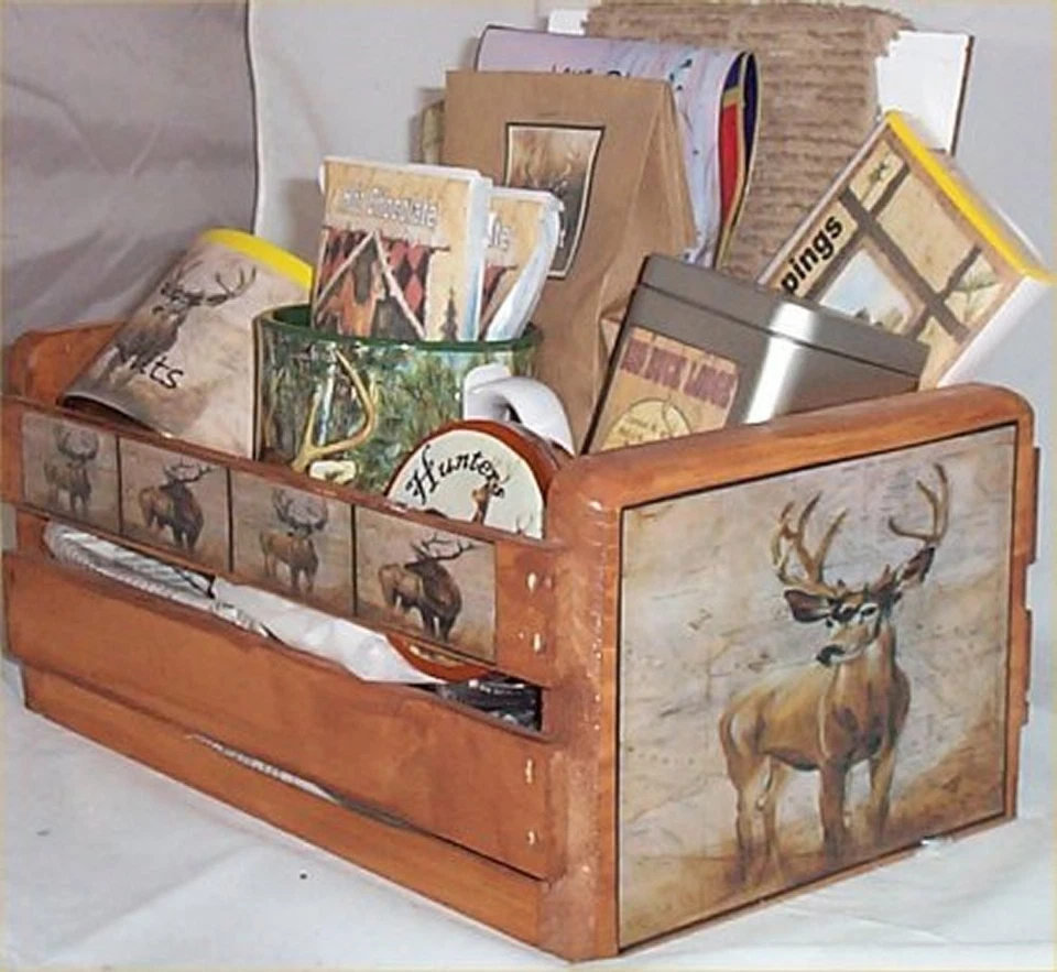 Deer Lodge Hunters Gift Basket Cabin Wood Crate Gift Mug Coffee Chocolate Nuts - Image 2 of 3