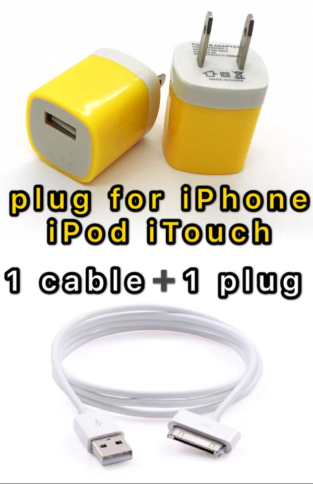 USB Charger Cable +Color Wall Plug Charger for For iPhone 4 4G 4S 3GS iPod Nano - Image 4 of 4