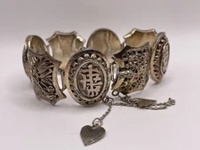 Antique 1920s Silver 900 Chinese Export Repousse Four Seasons Panel Bracelet