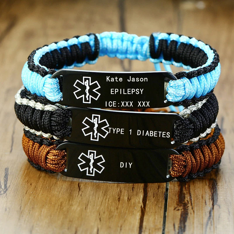 Hand Made Braided Medical Alert Bracelet Bangles Women Men Kids Customized DIY