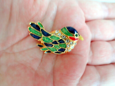 Vtg Enamel Clear Crystals Belly Rhinestone Trembler Wings Bird Pin Brooch RARE