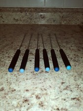Vintage Set of 6 Fondue Forks Metal With Plastic Handles Blue Tips 9"