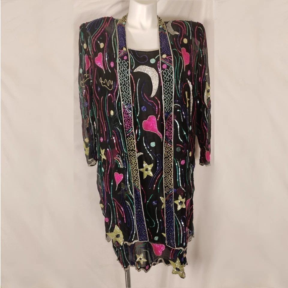 Judith Ann Plus 1X Sequin Beaded Multicolor Sheer Duster and Dress Set Vtg - Image 2 of 4