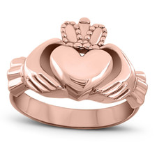 Solid 10K Rose Gold Claddagh Ring, Large Irish Celtic Band, Heart Hands Ring