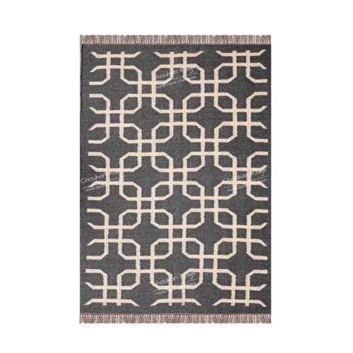White Design Wool Jute Kilim Rug, Decor Black Jute Area Rug, Fringes Jute Rug - Picture 2 of 8