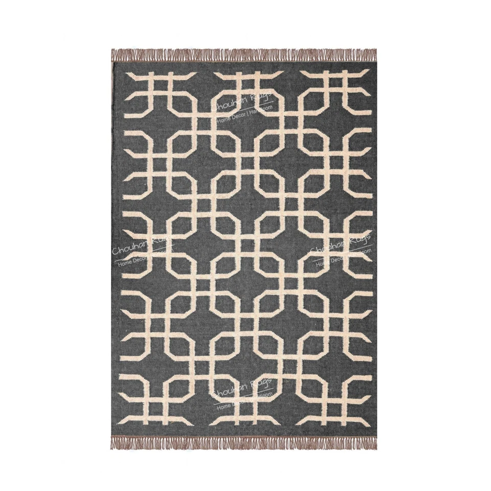 Alfombra Kilim de Yute de Lana de Diseño Blanco, Decoración Alfombra de Yute Negro, Alfombra de Yute con Flecos Foto 2 de 4