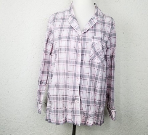Victoria's Secret Damen PJ Top Shirt Gr. M kariert Langarm V-Ausschnitt Tasche