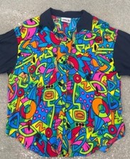 VINTAGE 80s 90s Retro Geometric Color Pop Button Down shirt men Large