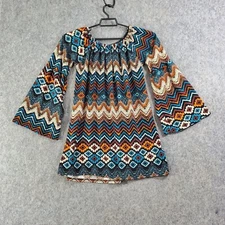 Win Win Top Womens Large Blue Orange Brown Geometric Knit Pullover Tunic Career