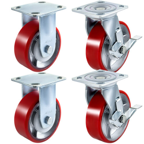 VEVOR 4PCS Heavy Duty Caster Set 6" Polyurethane on Cast Iron Wheels No Mark Red - Picture 1 of 12