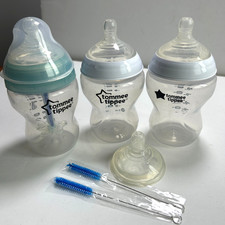 3 Tommee Tippee 9oz Bottles Nipples Lid Blue Straw Brushes Baby