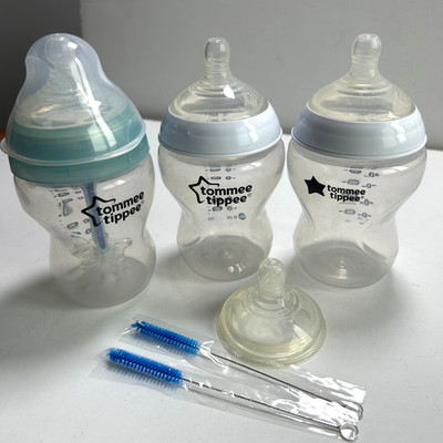 3 Tommee Tippee 9oz Bottles Nipples Lid Blue Straw Brushes Baby
