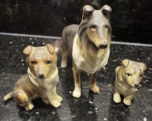 Vintage Miniature Napco Collie Dogs Set Of 3 M2925 Ceramic Figurines *READ*