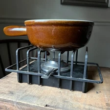 Vintage Von Roll 719 Swiss Cast Iron Fondue Set with Burner, Stand & Enamel Pot