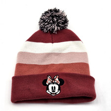 Disney Minnie Mouse Adult One Size Pom Pom Striped Knit Beanie Hat RN 109028