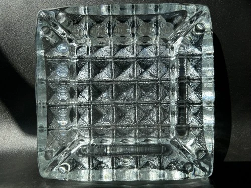 Vintage Blenko MCM Block Waffle Prism 6.5 Inch Square Clear Glass Ashtray Heavy