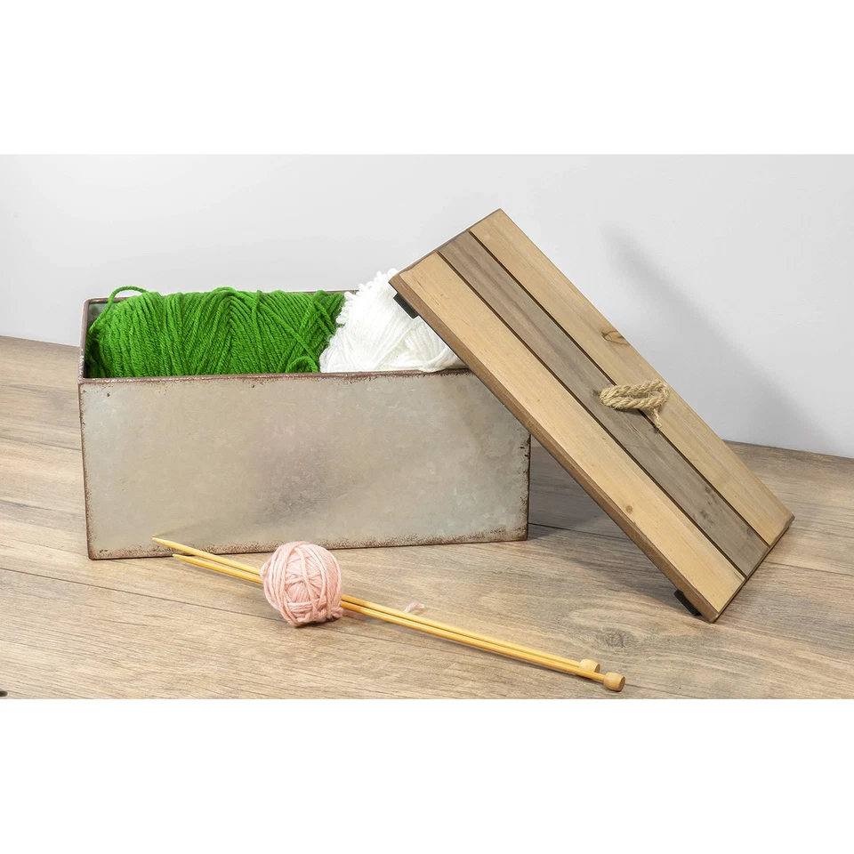 Decorative Rustic Galvanized Metal Storage Box with Wooden Lid 12"W x 6.5"D - Image 3 of 4